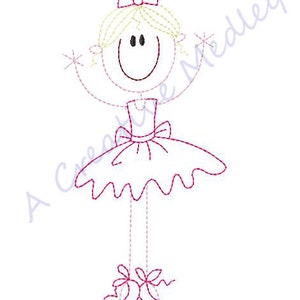 May include: A simple line drawing of a ballerina with blonde hair, a pink dress, and pink shoes. The ballerina is smiling and has her arms outstretched.