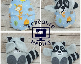 Peekaboo Raccoon In the Hoop Stuffed Softie - Reversible folds into an egg, ITH, IN The Hoop, Embroidery Design, Instant download