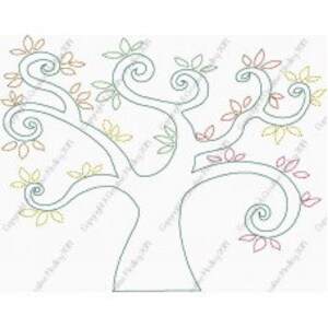 May include: A whimsical line drawing of a tree with a thick trunk and swirling branches. The branches are adorned with small, stylized leaves in shades of green, yellow, and pink.