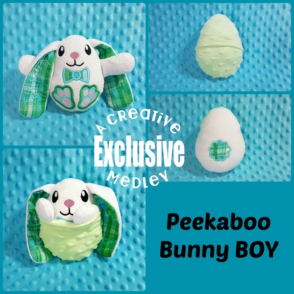 Peekaboo Bunny Boy In the Hoop Stuffed Softie - Omkeerbaar vouwt tot een ei, ITH, IN The Hoop, Borduurontwerp, Instant download