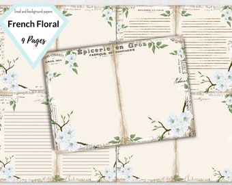 May include: Nine printable pages with a French floral theme. Each page features a vintage-style background with white flowers and green leaves. The text "Épicerie en Gros FABRIQUE DE CONFISERIE" is printed on one of the pages.