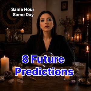 Pode incluir: Uma bola de cristal transparente sobre uma mesa de madeira, rodeada por velas acesas, cristais e cartas de tarot. O texto "Same Hour Same Day" e "8 Future Predictions" está sobreposto. A cena é iluminada por uma luz quente de velas.