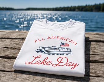 Giornata americana dei laghi PNG / Barca pontone patriottica PNG / Design della vita sul lago per il 4 luglio / Grafica estiva del lago negli Stati Uniti / Trasferimento a sublimazione DTF