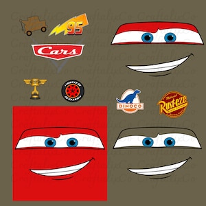 May include: A collection of digital graphic elements featuring the Cars movie theme, including two sets of car eyes and mouths, a yellow 95 lightning bolt, a red Cars logo, a gold trophy, a black tire, a blue dinosaur logo, and a Rust-eze emblem.