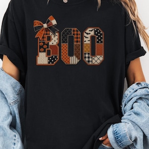 Boo Halloween Shirt, Faux Patchwork Boo Tee, Cottagecore Halloween T-Shirt, Quilted Letter Fall Shirt, Cute Bow Tee, Spooky Season Top