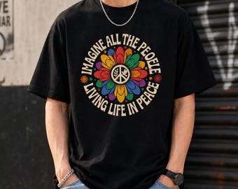 Camiseta hippie con el símbolo de la paz, camiseta "Imagina a toda la gente viviendo en paz", camiseta con el símbolo de la paz y margaritas florales, camiseta gráfica hippie bohemia.