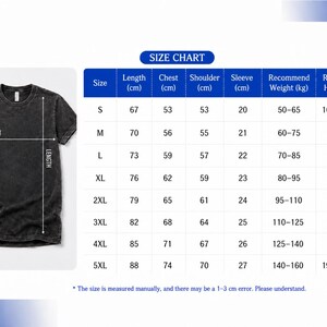 May include: A dark gray t-shirt with a size chart. The chart displays measurements for length, chest, shoulder, and sleeve in centimeters, along with recommended weight and height. Sizes range from S to 5XL.