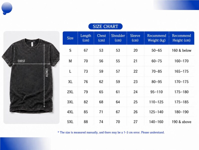 May include: A dark gray t-shirt with a size chart. The chart displays measurements for length, chest, shoulder, and sleeve in centimeters, along with recommended weight and height. Sizes range from S to 5XL.