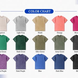May include: A color chart displaying various short-sleeve t-shirts in a range of colors, including apricot, light gray, khaki, orange, rose red, light green, dark green, olive green, army green, dark gray, light purple, dark purple, blue, dark blue, and black.
