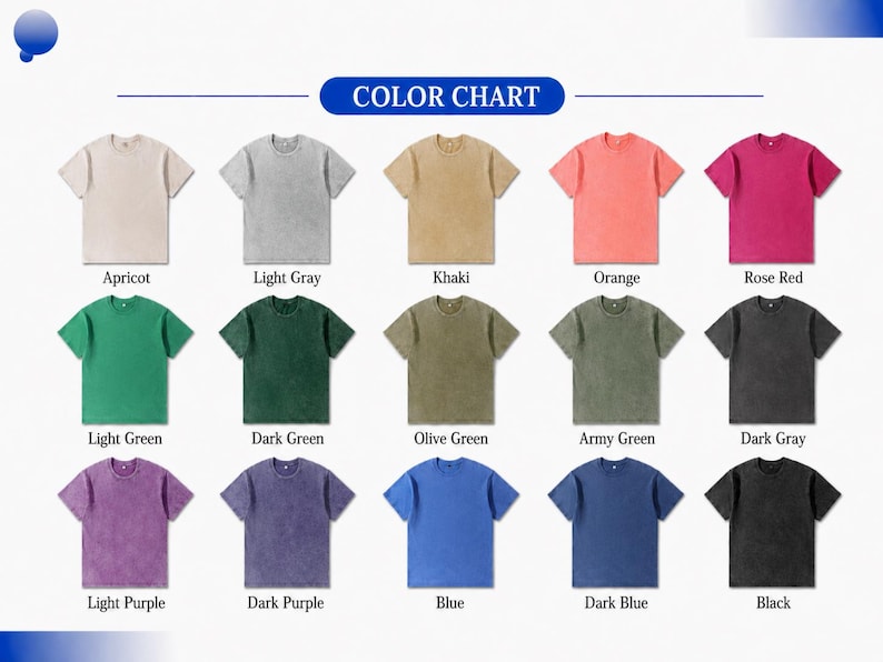 May include: A color chart displaying various short-sleeve t-shirts in a range of colors, including apricot, light gray, khaki, orange, rose red, light green, dark green, olive green, army green, dark gray, light purple, dark purple, blue, dark blue, and black.