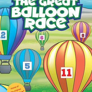 May include: Book cover for "The Great Balloon Race" featuring colorful hot air balloons with numbers. The title is in large, playful letters. The book is for ages 4 & up, with the text "The Adventures of Christopher & Rocket".