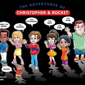 Op de afbeelding: Illustratie uit "De avonturen van Christopher & Rocket" met zeven stripfiguren, waaronder een muis genaamd Rocket. De tekst bevat namen van personages en de zin "Bedtijdverhalen Leeftijd 4-8". Verkrijgbaar op Amazon.com en Barnes & Noble.