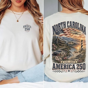 North Carolina America 250 Comfort Colors Shirt | 1776-2026 Patriotic NC Tee | Vintage Outer Banks Americana Graphic Shirt image 1