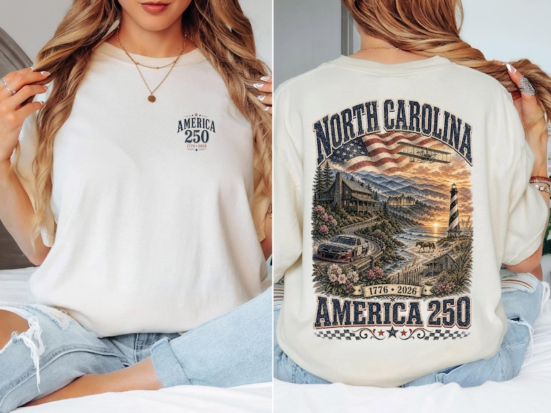 North Carolina America 250 Comfort Colors Shirt | 1776-2026 Patriotic NC Tee | Vintage Outer Banks Americana Graphic Shirt image 1