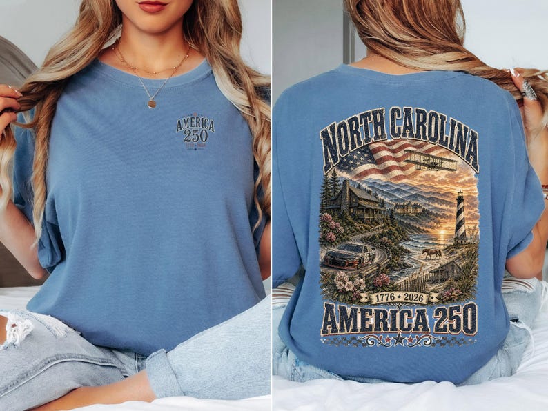 North Carolina America 250 Comfort Colors Shirt | 1776-2026 Patriotic NC Tee | Vintage Outer Banks Americana Graphic Shirt image 3