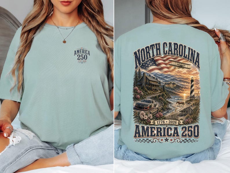 North Carolina America 250 Comfort Colors Shirt | 1776-2026 Patriotic NC Tee | Vintage Outer Banks Americana Graphic Shirt image 4