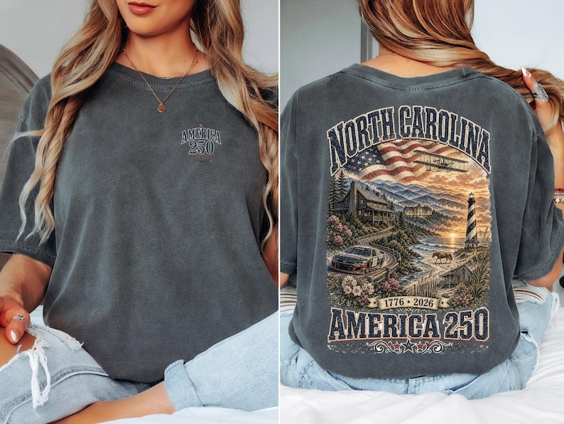 North Carolina America 250 Comfort Colors Shirt | 1776-2026 Patriotic NC Tee | Vintage Outer Banks Americana Graphic Shirt image 2