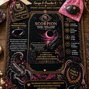 Op de afbeelding: Een zwart en goudkleurig Schorpioen sterrenbeeldpakket met een kaart met een zonsverduistering, een zwarte obsidiaansteen in een roze organzazakje met sterrenpatroon en een label met de tekst SCORPION 23 OCTOBRE - 22 NOVEMBRE en een crèmekleurig lint.