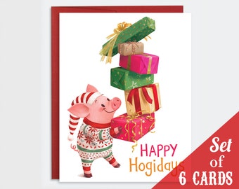 Pig Christmas Cards - Set of 6 Cards | Pig Holiday Card Set | Punny Holiday Cards