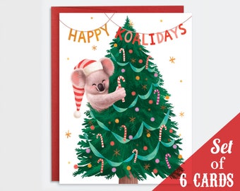 Koala Christmas Card Set of 6 - Holiday Card Set | Punny Christmas Cards | Punny Holiday Cards | Koala Holiday Cards | Koala Cards