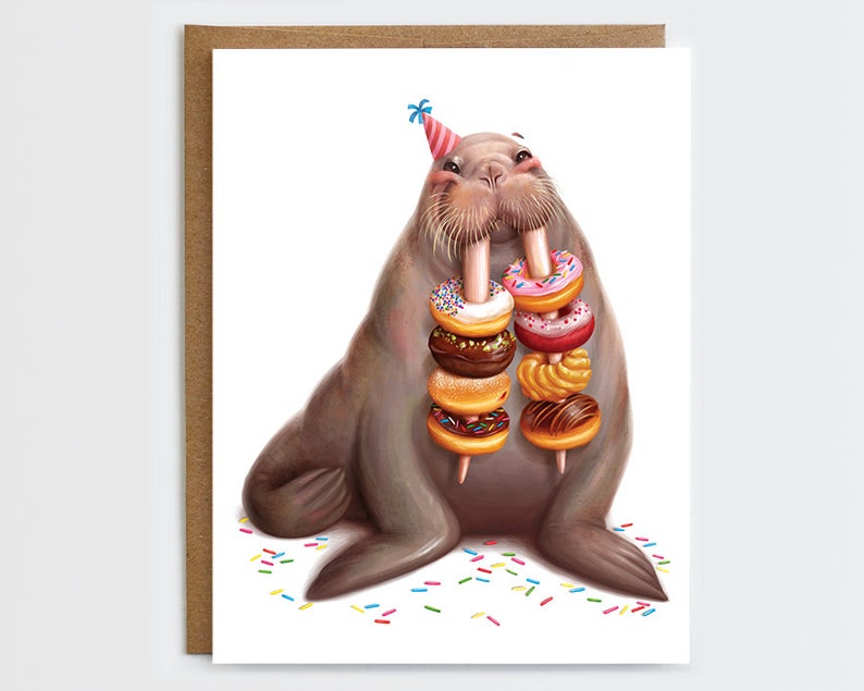 Walrus Birthday Card Donut Birthday Card Everyday Card Blank Card Walrus Card Donut Card image 1