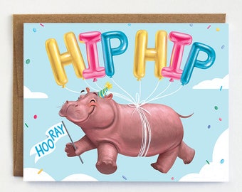 Hippo Birthday Card -  Hippo Card | Hip Hip Hooray | Congratulations Card | Hippo Birthday Card | Hippo Hooray