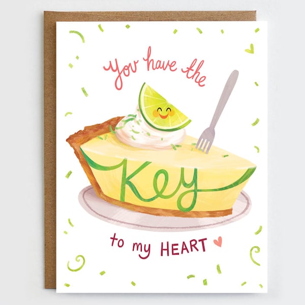 Key to my Heart - Cute Love Card | Punny Valentine Card | Key Lime Pie Card | Valentine's Day Card | Foodie Valentine Card