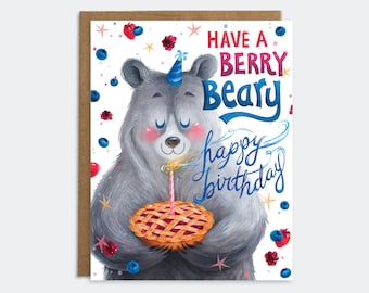 Bear Birthday Card - Kids Birthday Card | Childrens Birthday Card | Animal Birthday Card | Pie Birthday Card | Bear Card