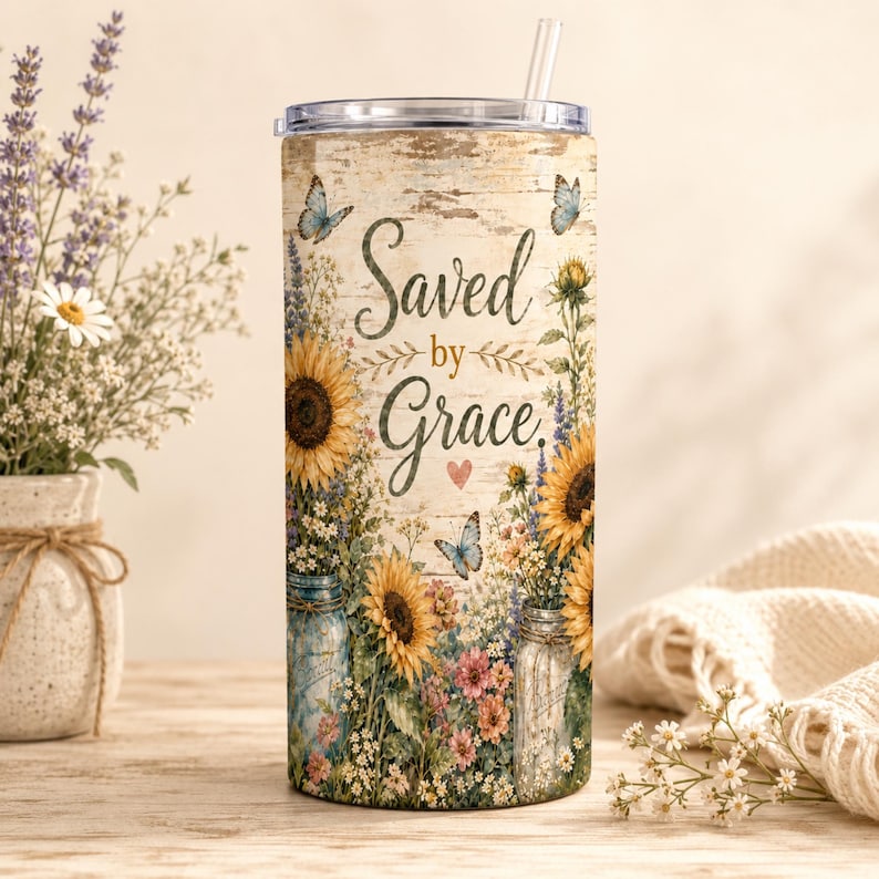 May include: A cylindrical tumbler with a clear lid and straw, featuring a rustic wood-grain background, sunflowers, wildflowers, and butterflies. The text "Saved by Grace" is printed in a dark script font with a small pink heart below it.