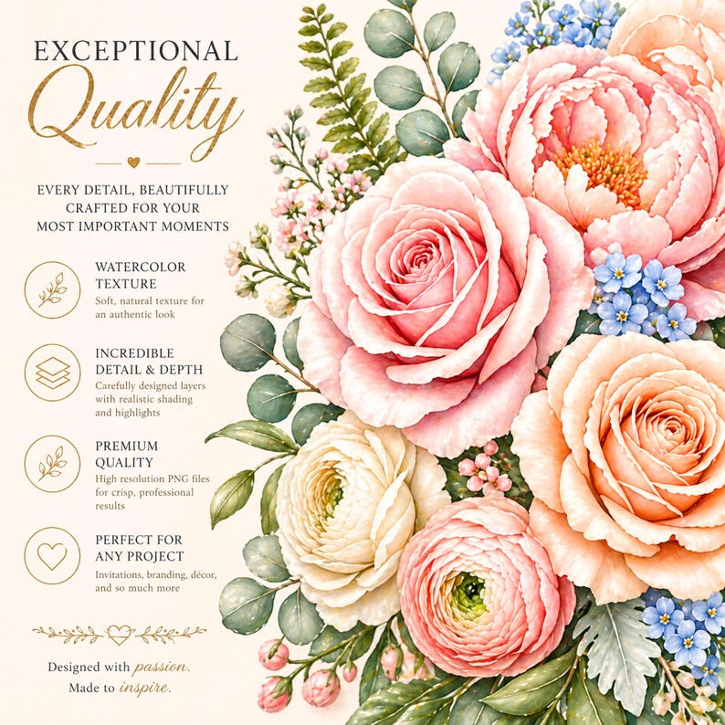 Watercolor Wedding Floral Clipart Set, Blush Pink Blue Flowers PNG ...
