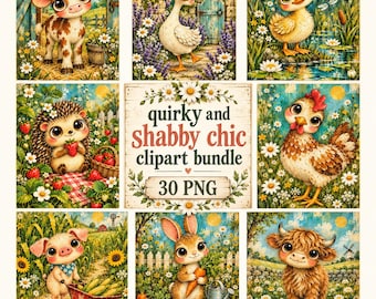 Bundel met clipart van boerderijdieren en bosdieren, shabby chic cottagecore kinderkamerkunst, storybook junk journal ephemera, speelse dieren PNG