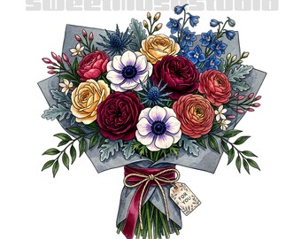 Aquarel bloemen clipart, strik verpakt bloemen png, kleurrijke cadeau boeket illustraties, levendige botanische illustratie set
