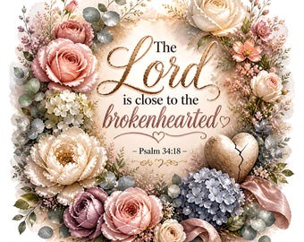 May include: A floral design with the text "The Lord is close to the brokenhearted" and "Psalm 34:18". The design features a heart, roses, and other flowers in shades of pink, white, and purple, surrounded by greenery.