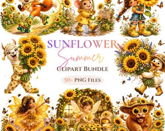 Watercolor Summer Clipart Bundle, Sunflower, Sun clipart Png, Nursery Decor, Stickers, Baby Shower Invitations, Commercial Use
