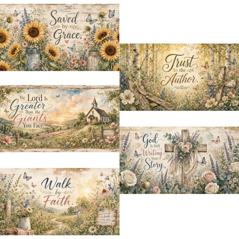 May include: A collection of five rectangular wall art prints featuring floral and landscape scenes with inspirational text. Designs include sunflowers, a church, a wooden cross, and butterflies, with phrases like Saved by Grace and Trust the Author.