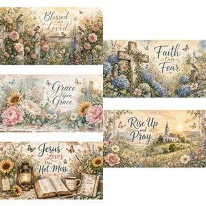 May include: A collection of five rectangular wall art prints featuring floral landscapes, butterflies, and religious text including Blessed and Loved, Faith Over Fear, Grace Upon Grace, Rise Up and Pray, and Jesus Loves This Hot Mess with a lantern and book.