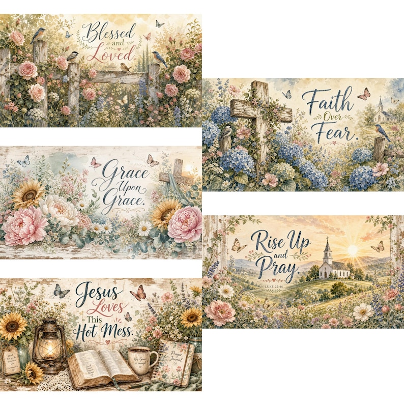 May include: A collection of five rectangular wall art prints featuring floral landscapes, butterflies, and religious text including Blessed and Loved, Faith Over Fear, Grace Upon Grace, Rise Up and Pray, and Jesus Loves This Hot Mess with a lantern and book.