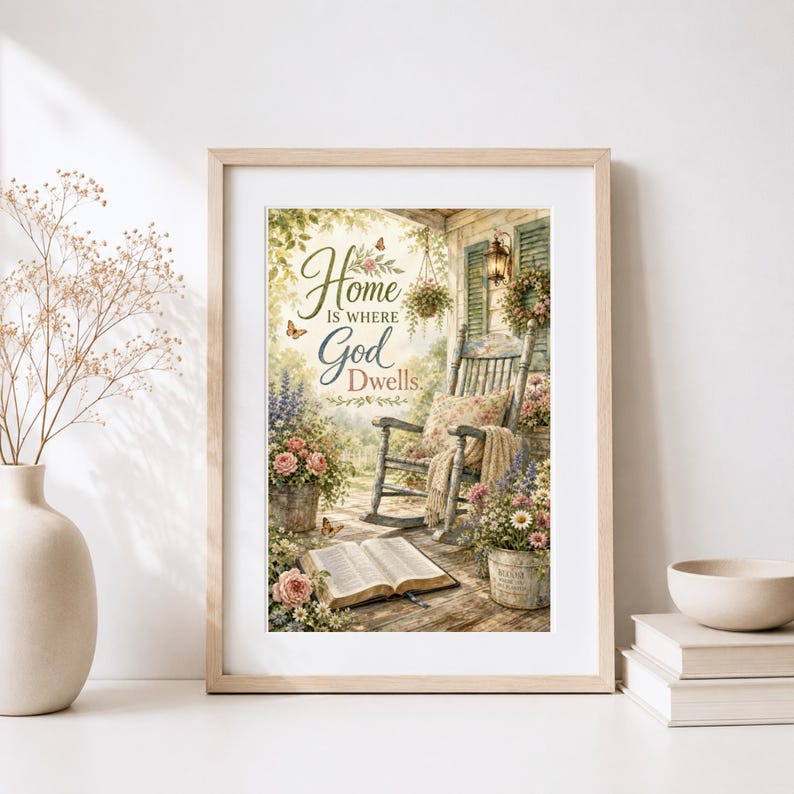 May include: A framed wall art print featuring a wooden rocking chair on a porch with an open book, potted flowers, and the text Home Is Where God Dwells. The scene includes soft lighting, butterflies, and greenery in a warm, inviting color palette.