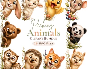 Cottagecore gluren dieren clipartbundel png, grillige bloemen dieren illustraties, leuke grappige gezichten, aquarel kinderen