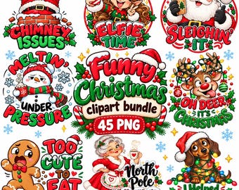 Grappige kerstclipartbundel, kerstcitaten, 45 PNG-bestanden, kerstornamentontwerpen, grappige shirtafbeeldingen, kookboek- en keukenkunst