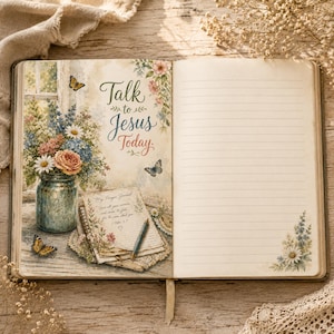 May include: An open journal featuring a left page with a watercolor illustration of a blue mason jar filled with colorful flowers, butterflies, and the text Talk to Jesus Today. A small notepad with a pen and floral accents sits below.