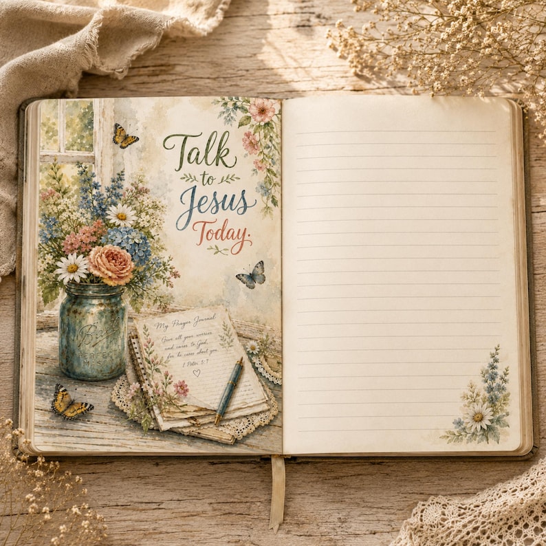 May include: An open journal featuring a left page with a watercolor illustration of a blue mason jar filled with colorful flowers, butterflies, and the text Talk to Jesus Today. A small notepad with a pen and floral accents sits below.