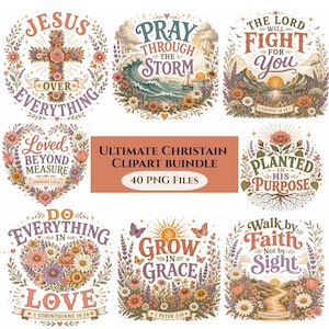 May include: A collection of eight circular and heart-shaped Christian-themed digital illustrations featuring floral motifs, landscapes, and inspirational text such as Jesus Over Everything, Pray Through The Storm, and Walk By Faith Not By Sight.