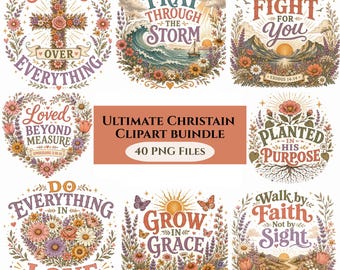 Christelijke boho clipart bundel, bloemen Bijbeltekst PNG, zachte vintage geloofscitaten, Bijbeltekst sublimatie, christelijke boho SVG.
