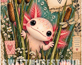 Vintage Axolotl Junk Journal Design: Blijf nieuwsgierig, Clipartbundel, Cottagecore kinderkamerkunst, Motiverende christelijke afbeeldingen