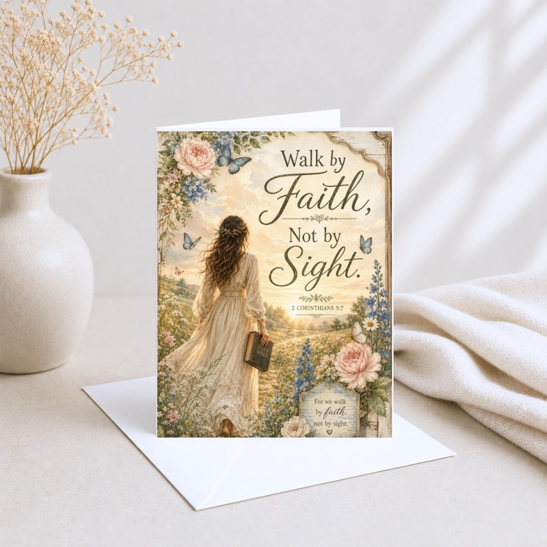 May include: A greeting card featuring a woman in a long dress walking through a field, with the text Walk by Faith, Not by Sight. 2 Corinthians 5:7. The illustration includes pink roses, blue flowers, and butterflies against a soft, golden sky.