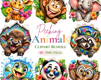 Bundel met clipart van glurende dieren in PNG-formaat, speelse aquarel dieren, grappige gezichten, schattige safari-clipart voor de kinderkamer.