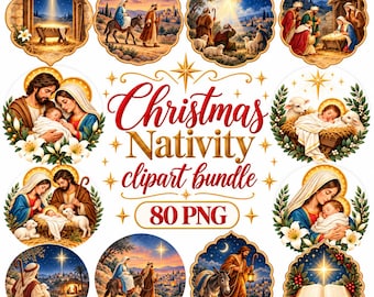 Kerststal clipart bundel: Feestelijke ornamenten, 80 feestelijke PNG's (digitale download)