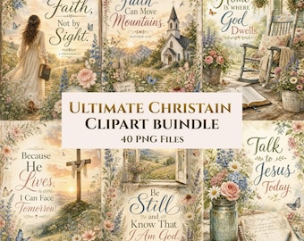 Vintage Christian Clipart Bundle, Bible Verse Floral PNG, Rustic Church Cross Butterflies, Faith Sublimation Digital Download