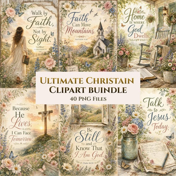 Vintage Christian Clipart Bundle, Bible Verse Floral PNG, Rustic Church Cross Butterflies, Faith Sublimation Digital Download